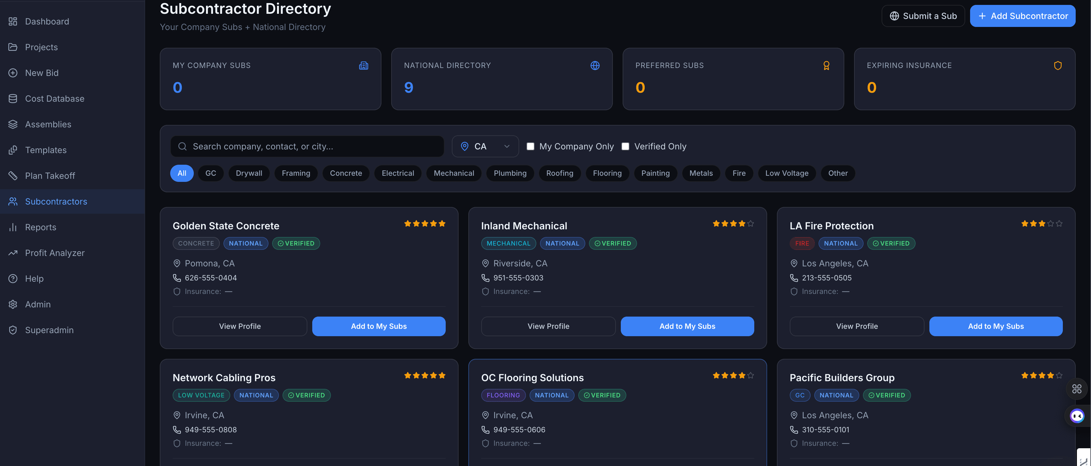 BlueBid AI — Subcontractor Directory